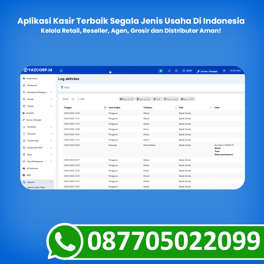 Laporan Log Aktivitas Aplikasi Kasir YAZCORP.id mencegah kecurangan karyawan