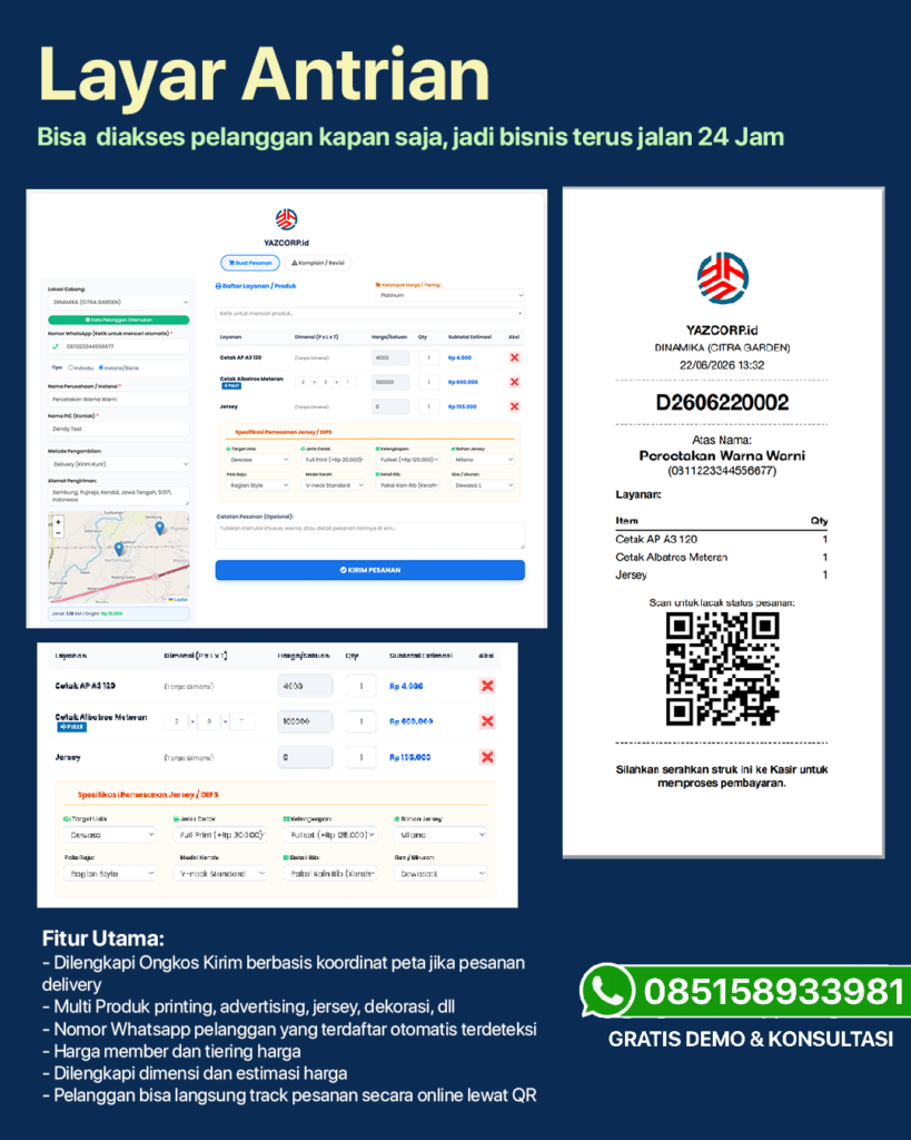 Aplikasi Kasir Digital Printing, Advertising, Jersey, &Amp; Dekorasi Terbaik Juni 2026: Kupas Tuntas Mengapa Yazcorp.id Adalah Sistem Paling Sempurna Untuk Bisnismu 11 Aplikasi Kasir Digital Printing, Advertising, Jersey, &Amp; Dekorasi Terbaik Juni 2026: Kupas Tuntas Mengapa Yazcorp.id Adalah Sistem Paling Sempurna Untuk Bisnismu